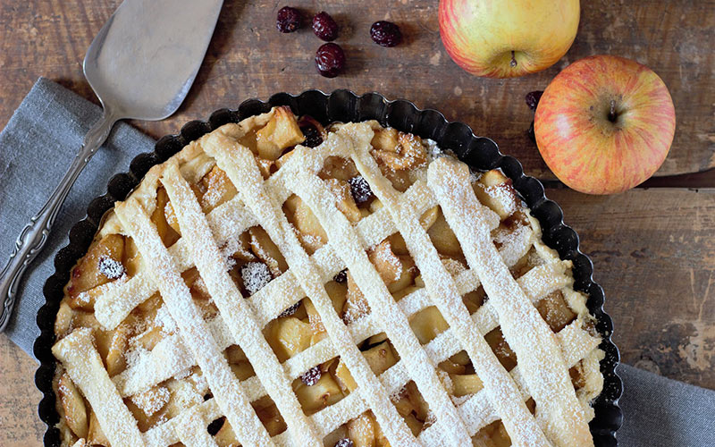 A freshly baked apple pie with a golden-brown crust