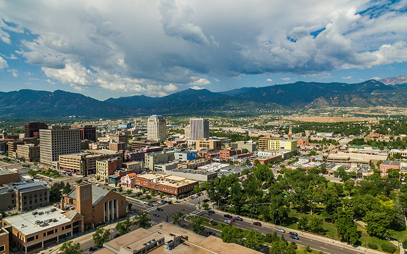 An aerial view of downtown Colorado Springs