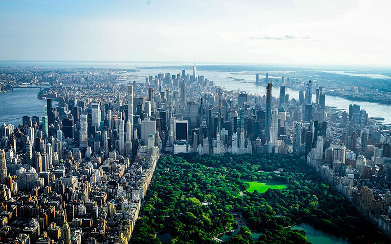 New York City skyline in April with clear skies